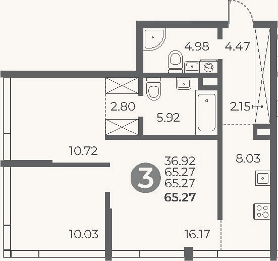 Планировка: 2-к, 65,3 м²