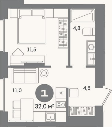 Планировка: 1-к, 32 м²
