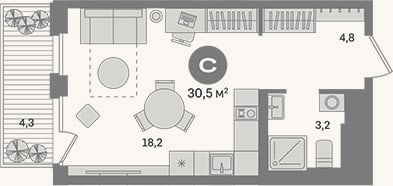 Планировка: Студия, 26,2 м²