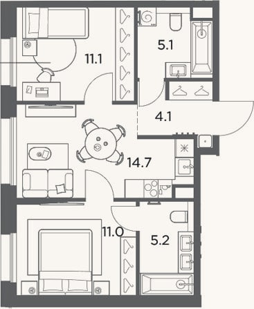 Планировка: 2-к, 51,2 м²