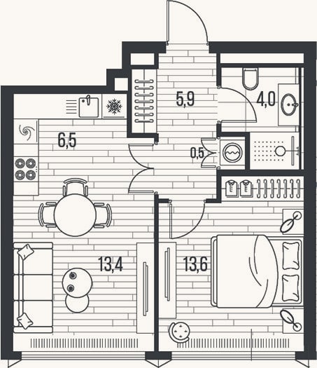 Планировка: 2-к, 43,8 м²