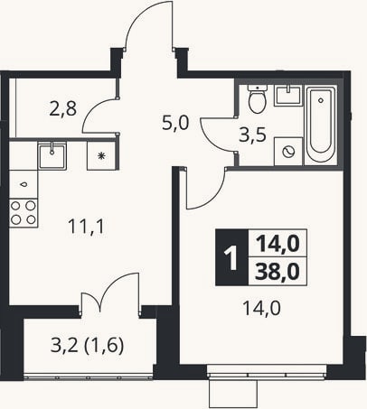 Планировка: 1-к, 36,4 м²