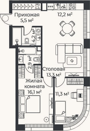 Планировка: 3-к, 65,5 м²