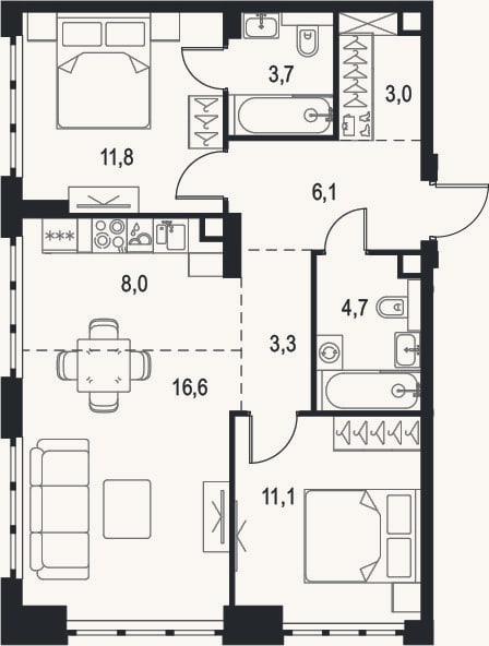 Планировка: 3-к, 68,3 м²