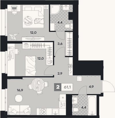 Планировка: 2-к, 61,1 м²