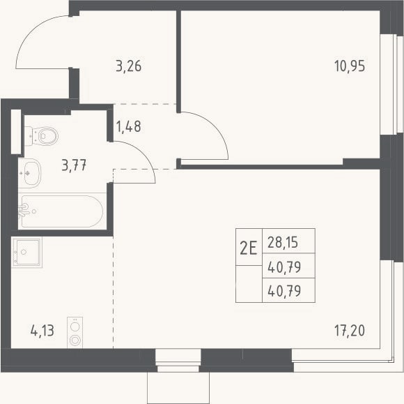 Планировка: 2-к, 40,8 м²