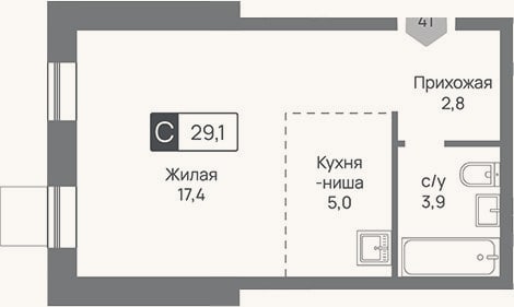 Планировка: Студия, 29,1 м²