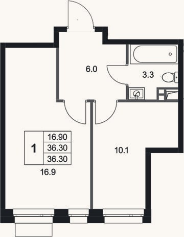 Планировка: 1-к, 36,3 м²