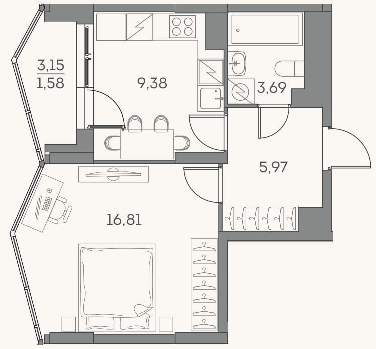 Планировка: 1-к, 35,9 м²