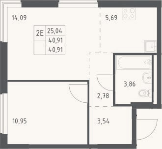 Планировка: 2-к, 40,9 м²