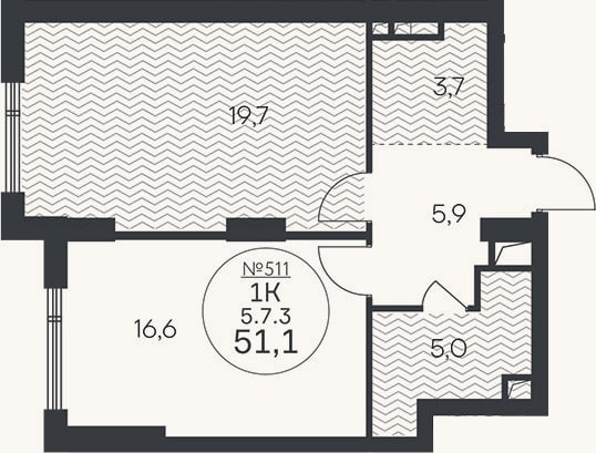Планировка: 1-к, 51,1 м²