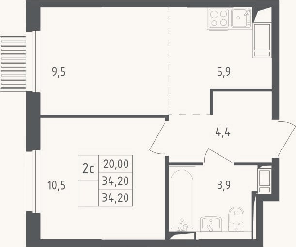 Планировка: 2-к, 34,2 м²