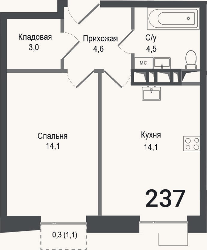 Планировка: 1-к, 40,3 м²