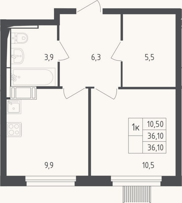 Планировка: 1-к, 36,1 м²