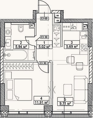 Планировка: 2-к, 38,3 м²