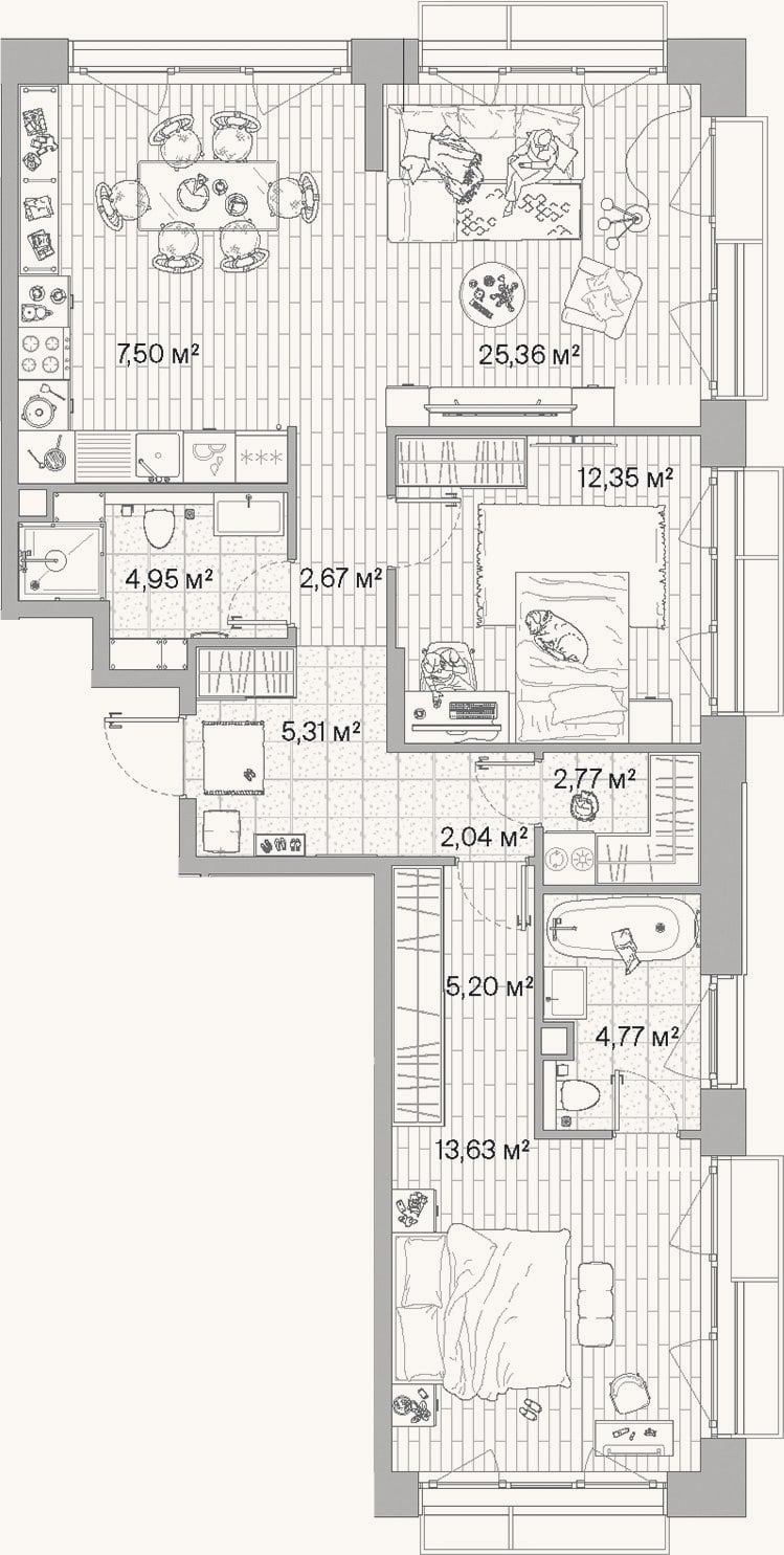 Планировка: 3-к, 86,6 м²