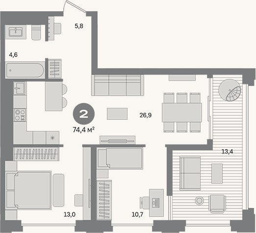 Планировка: 2-к, 61 м²
