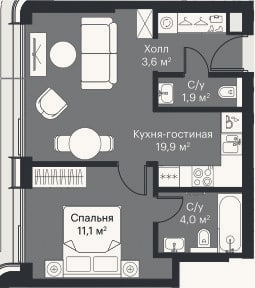 Планировка: 2-к, 39,2 м²