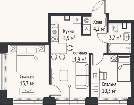 Планировка: 3-к, 49,2 м²