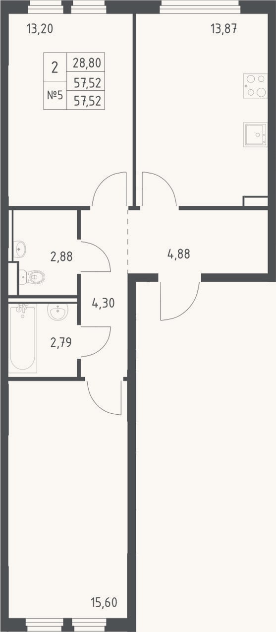 Планировка: 2-к, 57,5 м²