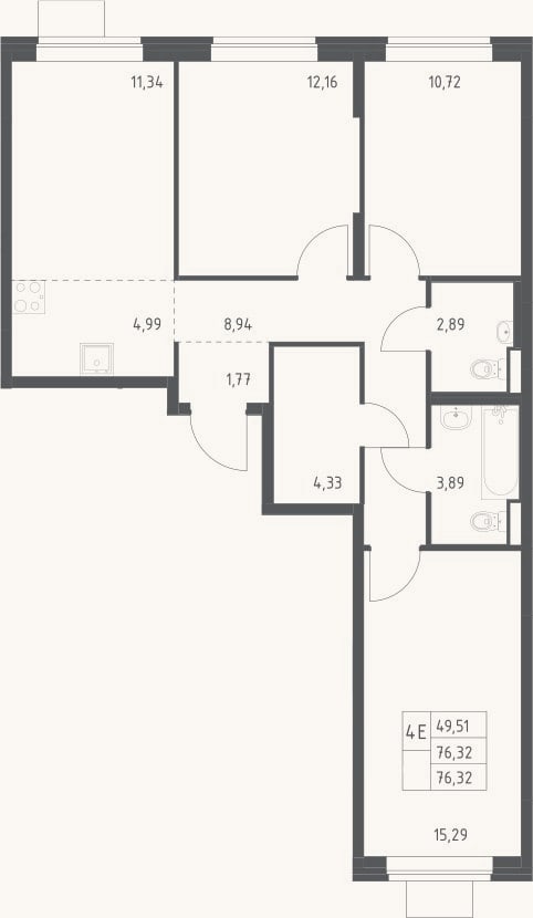 Планировка: 4+ к, 76,3 м²