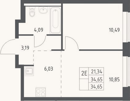 Планировка: 2-к, 34,7 м²