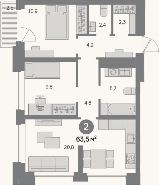 Планировка: 2-к, 61 м²
