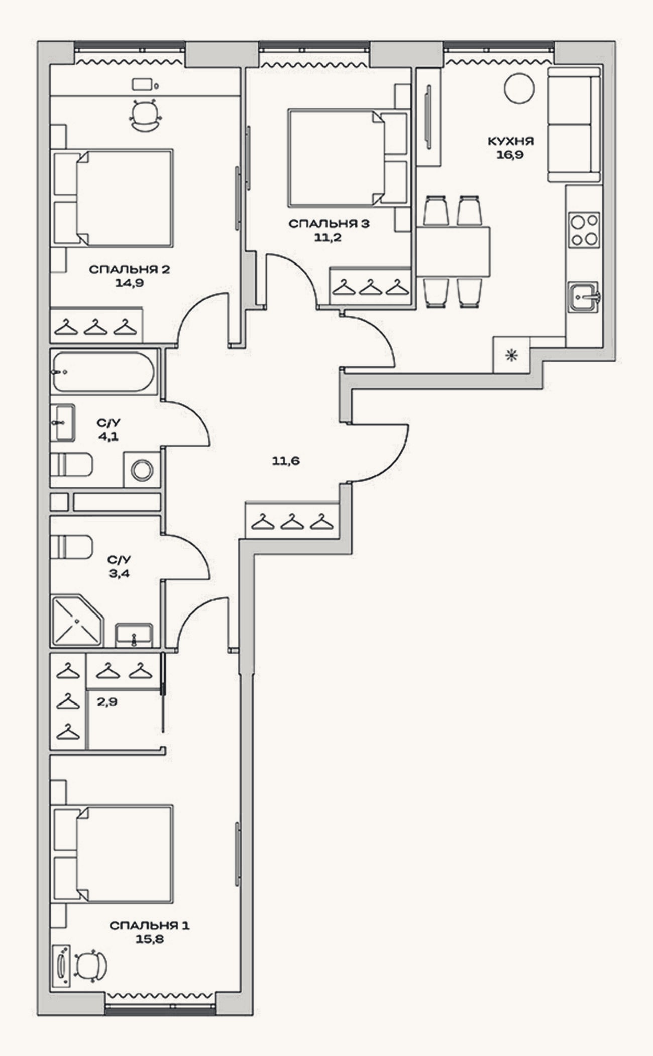 Планировка: 3-к, 80,8 м²