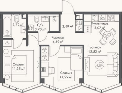 Планировка: 3-к, 54,8 м²