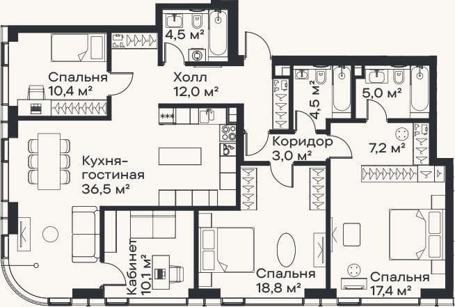 Планировка: 4+ к, 129,4 м²