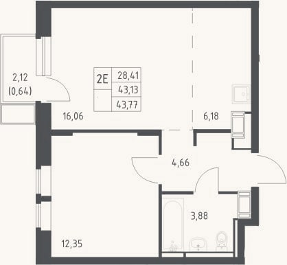 Планировка: 2-к, 43,1 м²