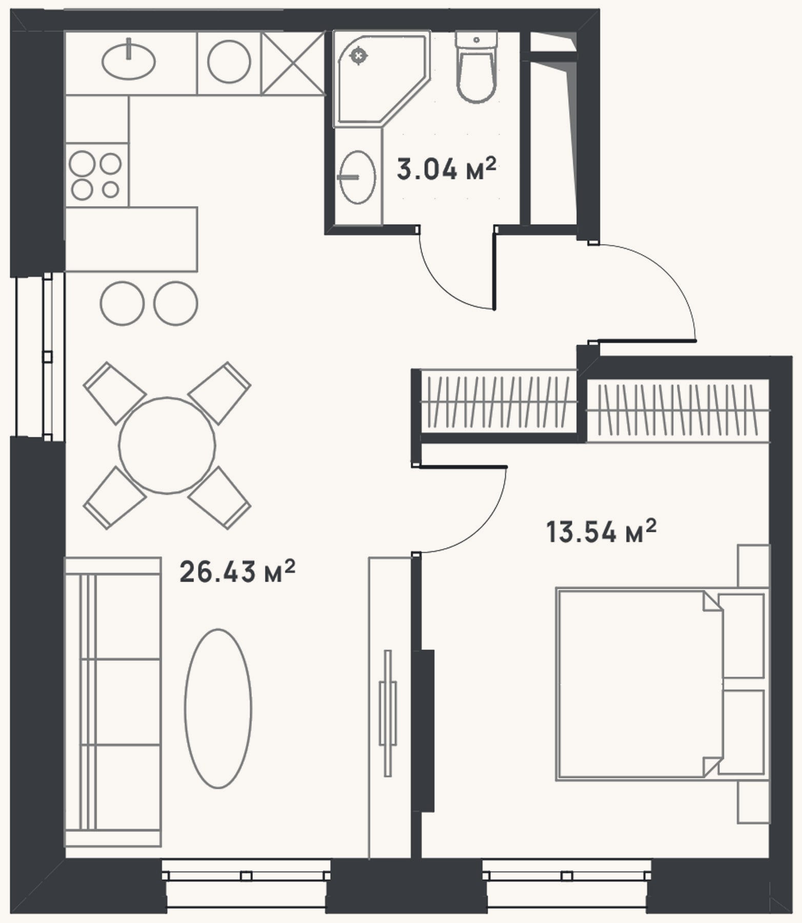 Планировка: 2-к, 43 м²