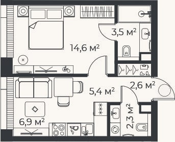 Планировка: 2-к, 35,4 м²