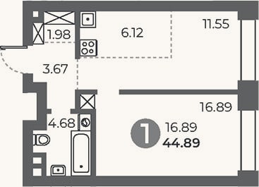 Планировка: 1-к, 44,9 м²