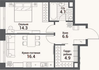 Планировка: 2-к, 46,3 м²