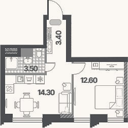 Планировка: 2-к, 33,8 м²
