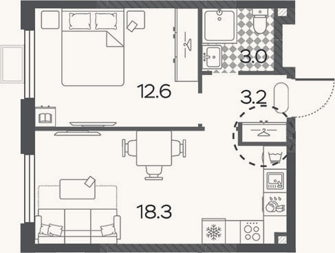 Планировка: 2-к, 37,1 м²