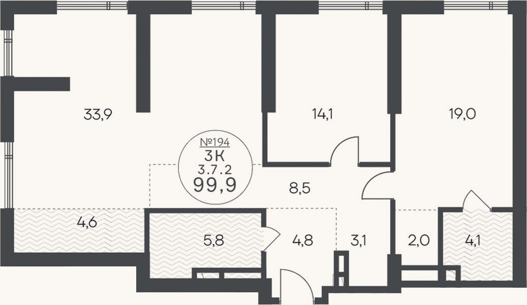 Планировка: 3-к, 99,8 м²