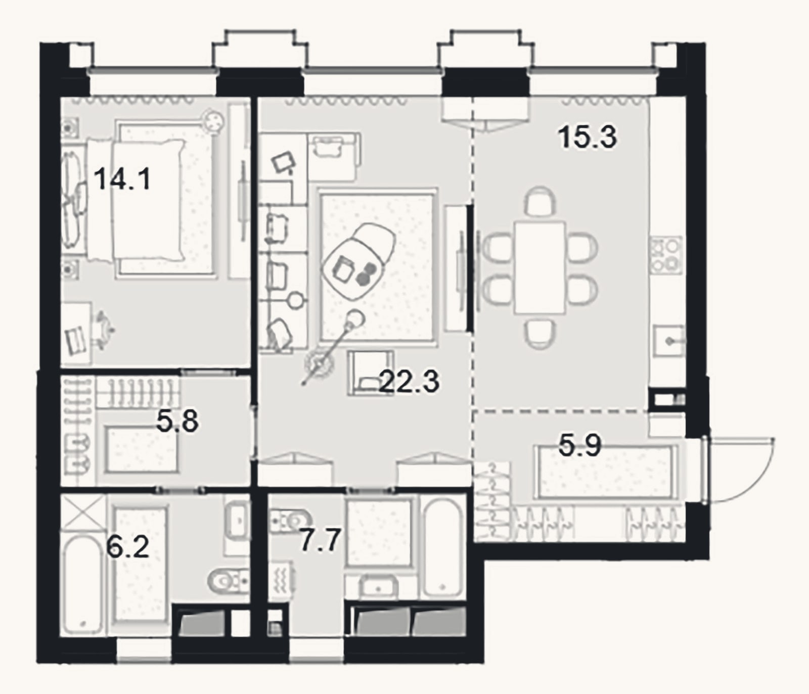 Планировка: 2-к, 77,3 м²
