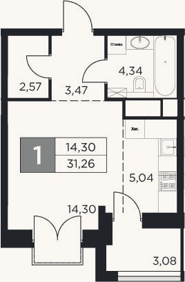 Планировка: Студия, 29,7 м²