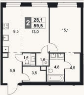 Планировка: 2-к, 59,5 м²