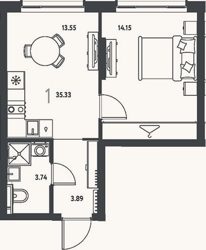 Планировка: 1-к, 35,3 м²