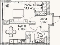 Планировка: 1-к, 38,1 м²
