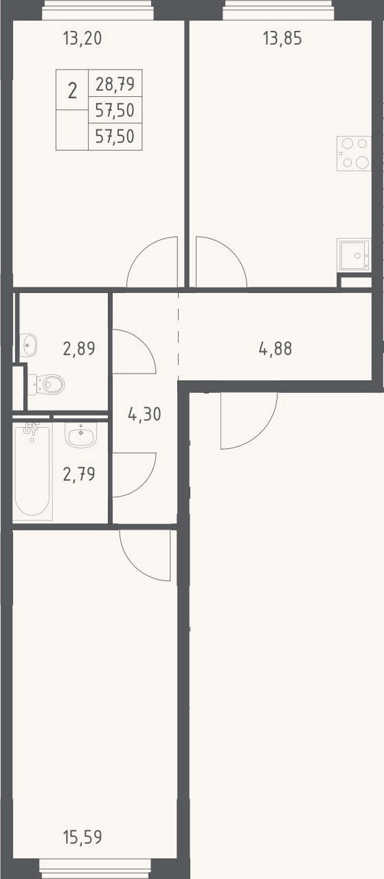 Планировка: 2-к, 57,5 м²