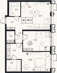 Планировка: 3-к, 65,5 м²