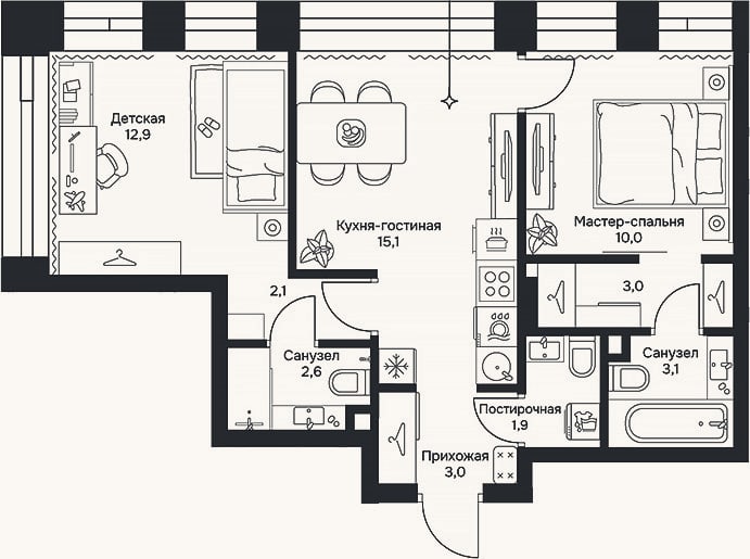 Планировка: 3-к, 53,7 м²
