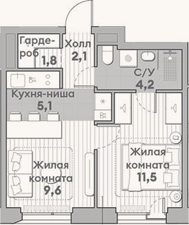 Планировка: 2-к, 34,3 м²