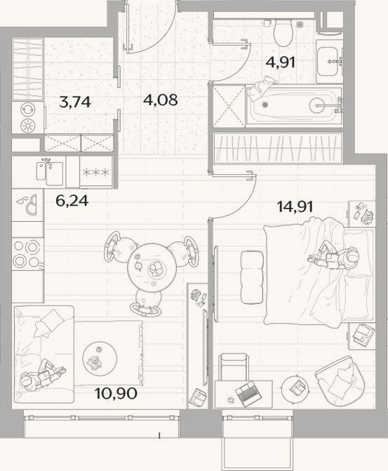 Планировка: 2-к, 44,8 м²
