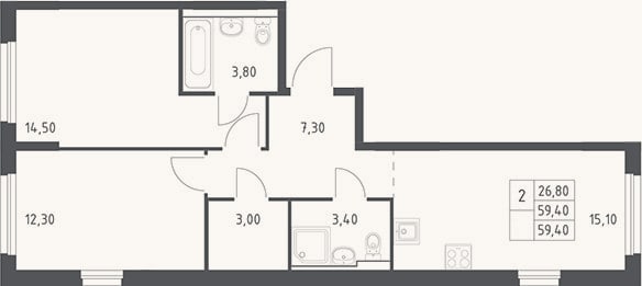 Планировка: 3-к, 59,4 м²