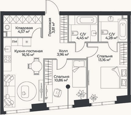 Планировка: 3-к, 61,3 м²